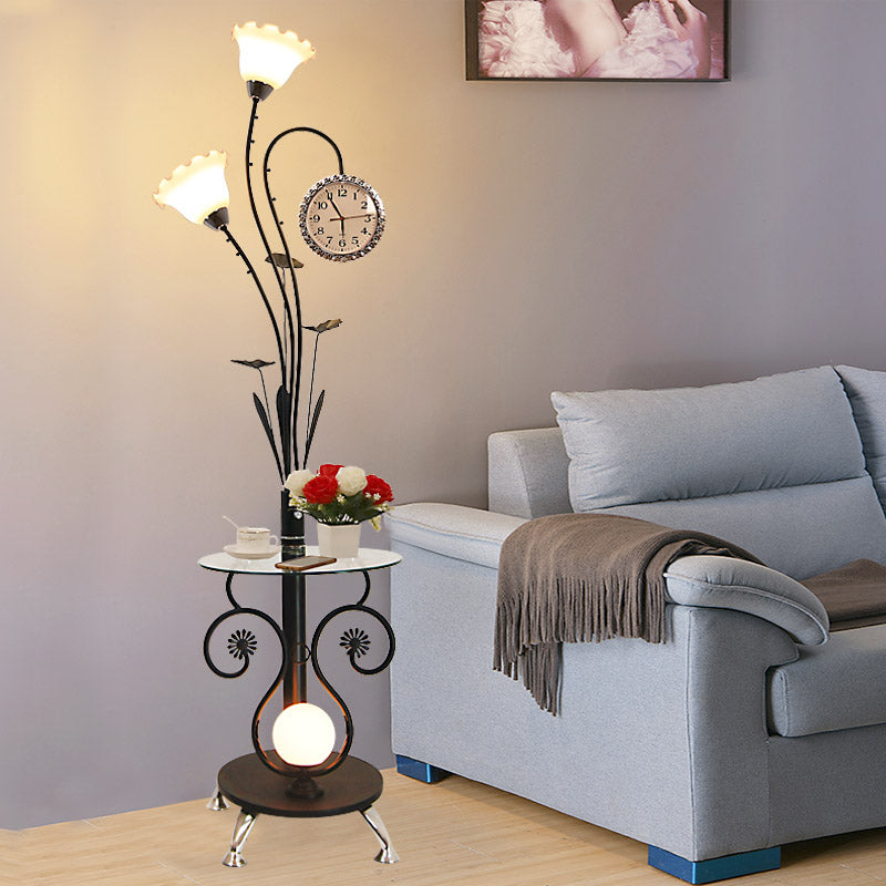 Rural Style Tree Shaped 2-Head Floor Lamp - Black/White Metallic Light For Bedroom Black