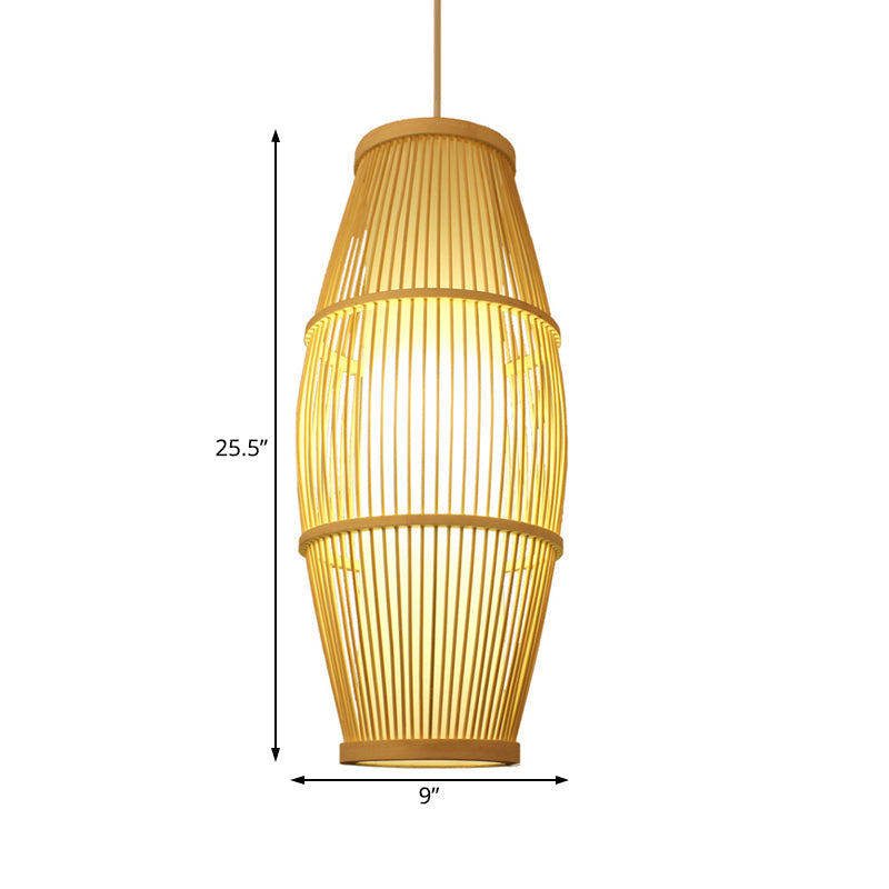 Handmade Bamboo Suspension Light: Asian Ellipse Shade For Restaurant Beige