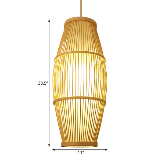 Handmade Bamboo Suspension Light: Asian Ellipse Shade For Restaurant Beige