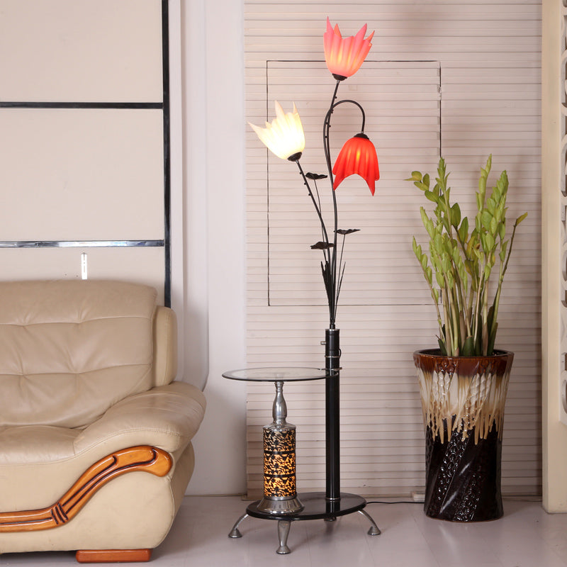 Tree-Shaped Countryside Metallic Floor Lamp: 3-Light Standing Black With Floral Crystal Shade