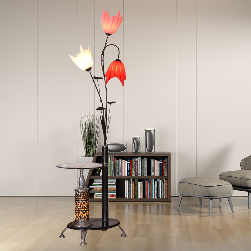 Tree-Shaped Countryside Metallic Floor Lamp: 3-Light Standing Black With Floral Crystal Shade