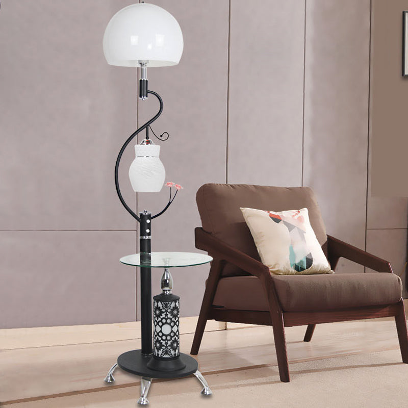 2-Bulb Countryside Style Black/White Dome Shade Floor Lamp With Beveled Crystal Accents Black