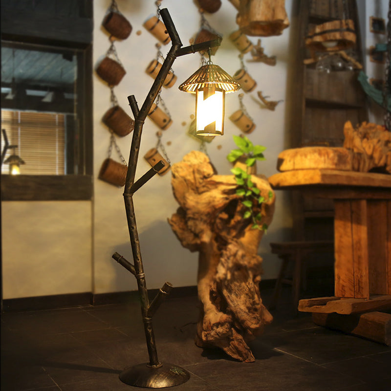 Rural Metallic 1-Bulb Black Tree Design Floor Lamp With Crystal Shade - Perfect For Coffee Shops