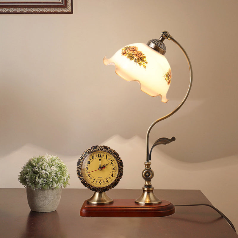 Rustic Red Brown Floral Table Lamp With Clock Design - Countryside Accent