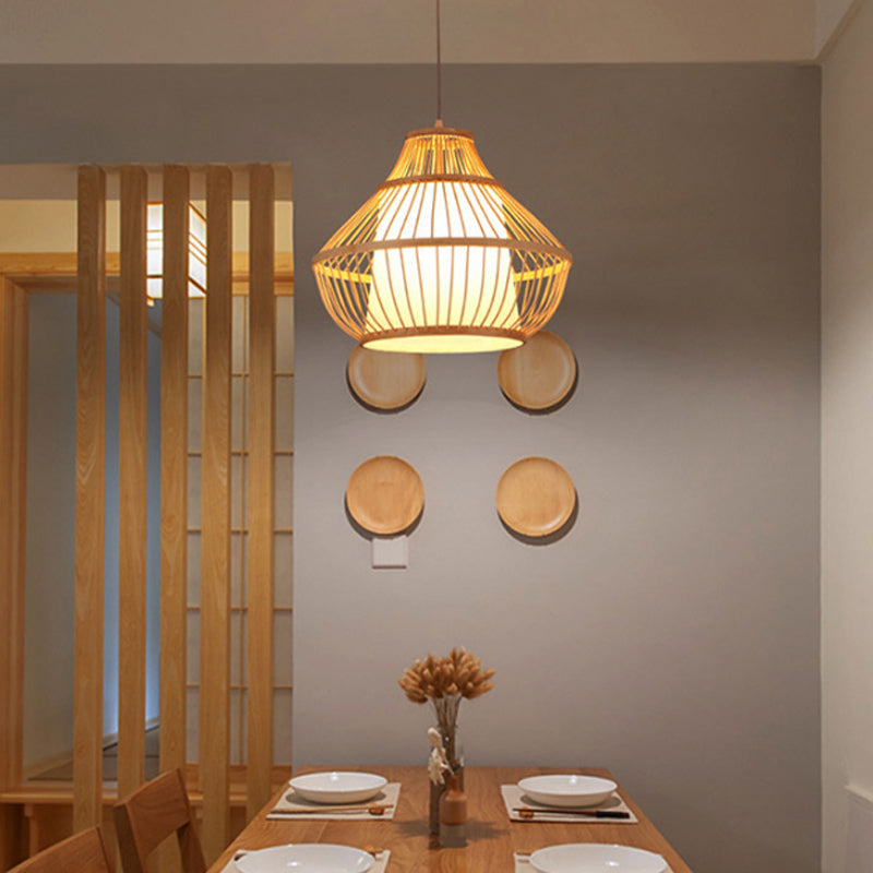 Asian Bamboo Lantern Pendant Light - Single Bulb Hanging Lamp For Restaurants (16/18 Diameter) Beige