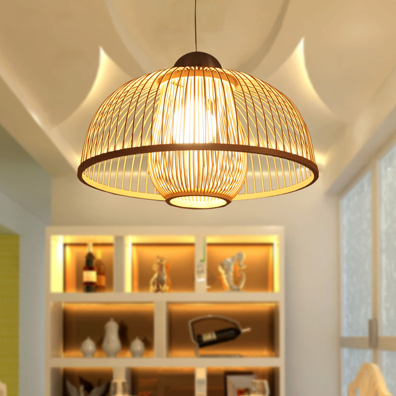 Asian Bamboo Ceiling Drop Light With Single Head Dome Shade - Perfect For Dining Table