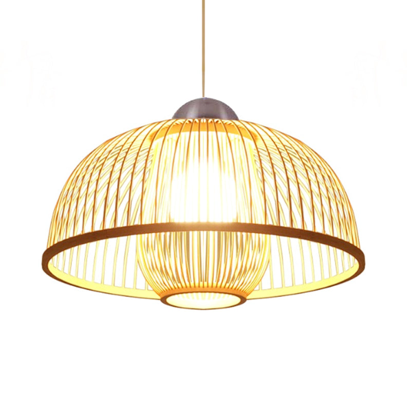 Asian Bamboo Ceiling Drop Light With Single Head Dome Shade - Perfect For Dining Table