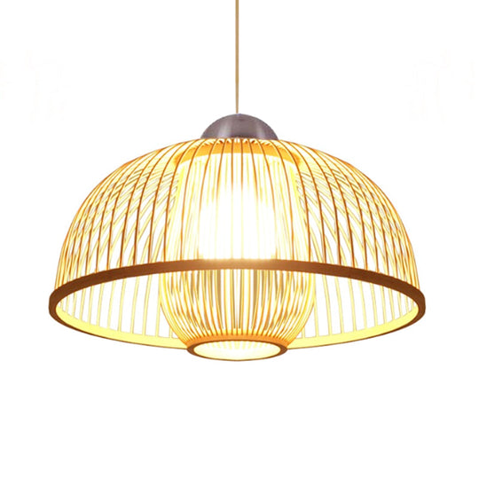 Asian Bamboo Ceiling Drop Light With Single Head Dome Shade - Perfect For Dining Table