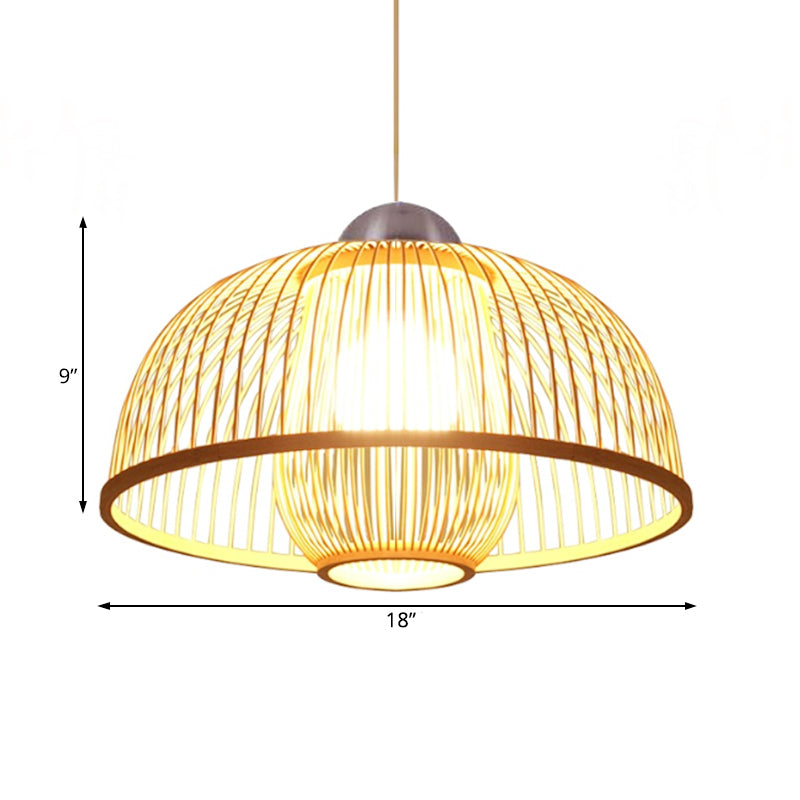 Asian Bamboo Ceiling Drop Light With Single Head Dome Shade - Perfect For Dining Table