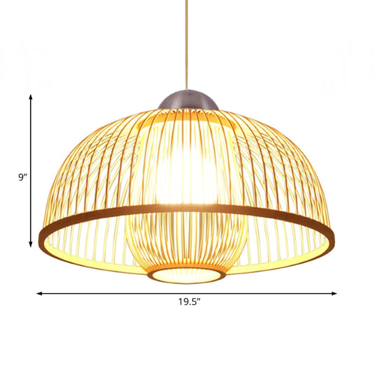 Asian Bamboo Ceiling Drop Light With Single Head Dome Shade - Perfect For Dining Table