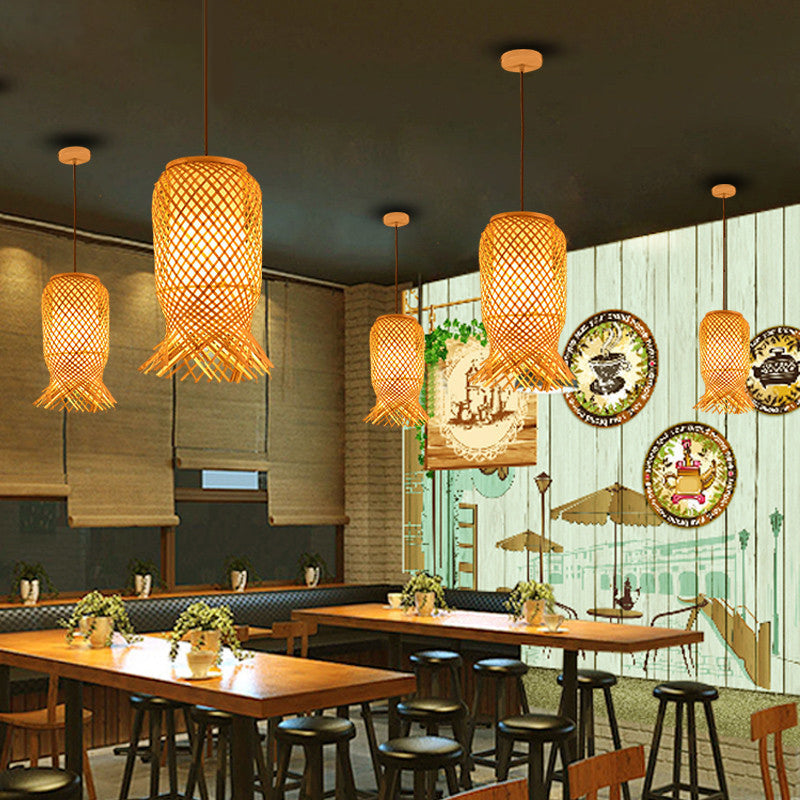 Bamboo Lantern Pendant Light For Restaurant In Beige