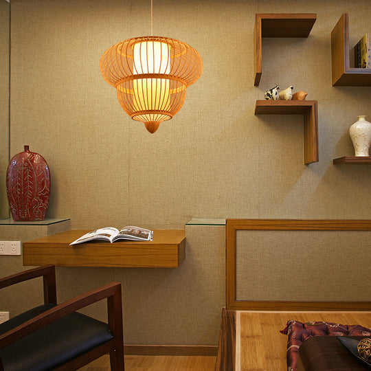 Restaurant Asian Bamboo Hanging Pendant Light Beige Lantern Style - Single Head 16/19.5 Diameter