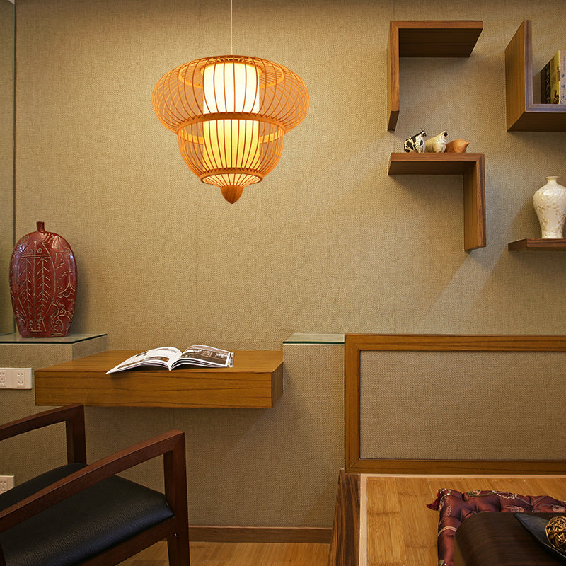 Restaurant Asian Bamboo Hanging Pendant Light Beige Lantern Style - Single Head 16/19.5 Diameter /