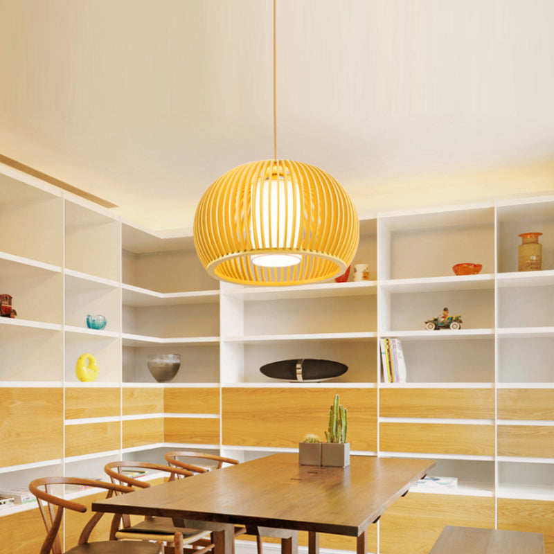 Modern Asian Pendant Light: Wooden Dome Shade For Restaurant Dining Room