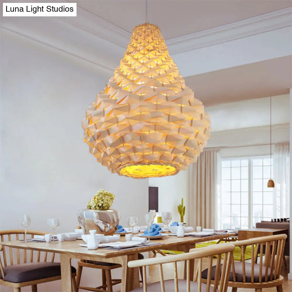 12/14/16 Wide Wood Teardrop/Globe/Dome Hanging Pendant Light - Chinese Single Bulb Beige Dining Room