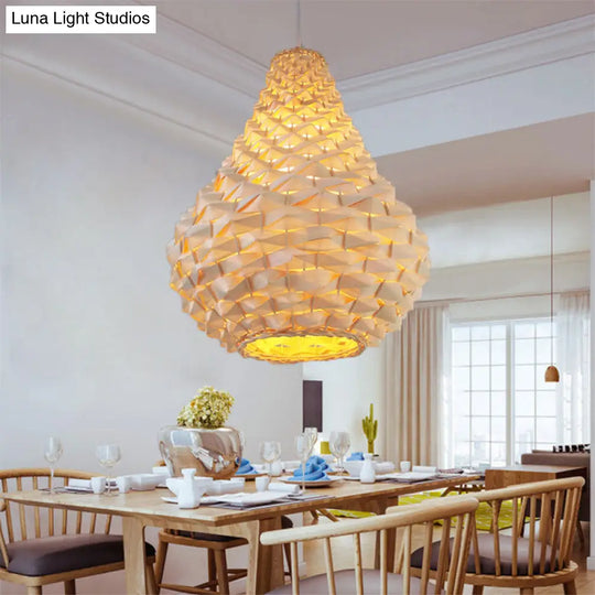 12/14/16 Wide Wood Teardrop/Globe/Dome Hanging Pendant Light - Chinese Single Bulb Beige Dining Room