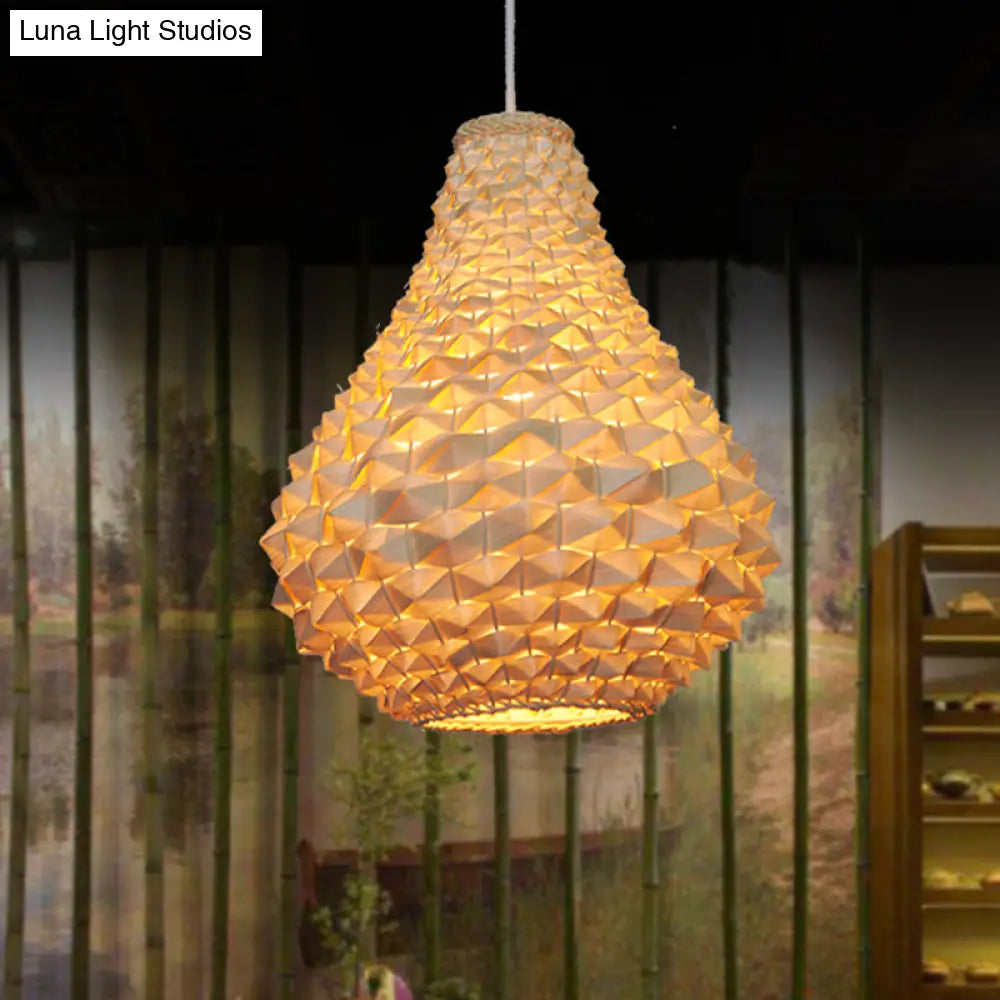 12/14/16 Wide Wood Teardrop/Globe/Dome Hanging Pendant Light - Chinese Single Bulb Beige Dining Room