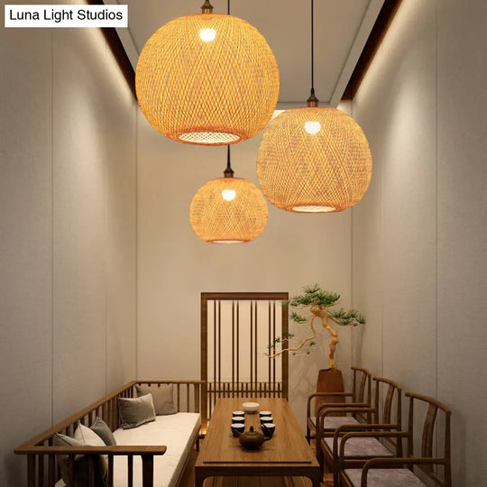 12/14/21.5 Asian Beige Dining Room Pendant Lamp With Bamboo Shade / 12