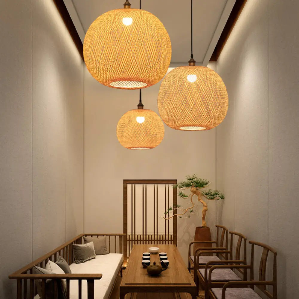 12’/14’/21.5’ Asian Beige Pendant Lamp With Bamboo Shade - Dining Room Suspension Light / 12’