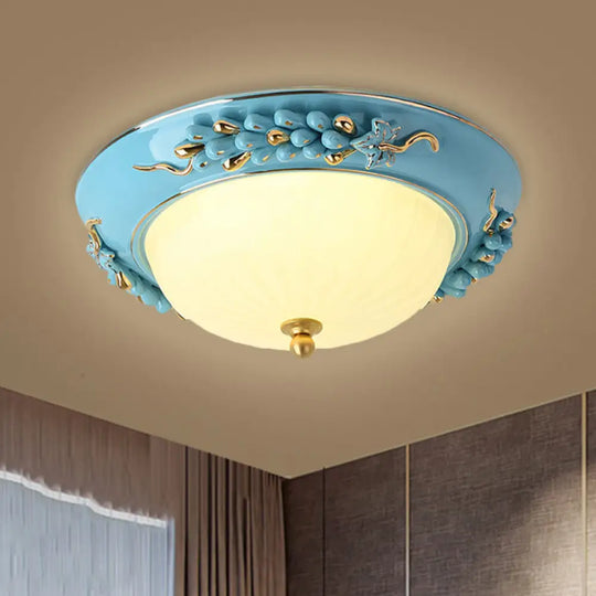 12’/14’ Blue Led Ceiling Flush Mount With Antiqued Opal Glass Floral Design Warm/White Light /