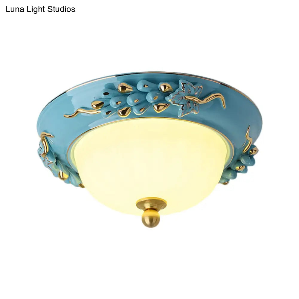 12/14 Blue Led Ceiling Flush Mount With Antiqued Opal Glass Floral Design Warm/White Light