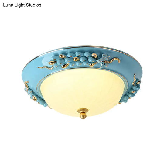 12/14 Blue Led Ceiling Flush Mount With Antiqued Opal Glass Floral Design Warm/White Light