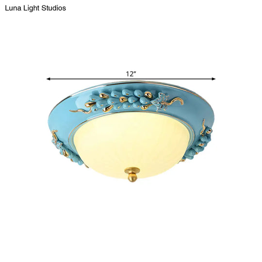 12’/14’ Blue Led Ceiling Flush Mount With Antiqued Opal Glass Floral Design Warm/White Light