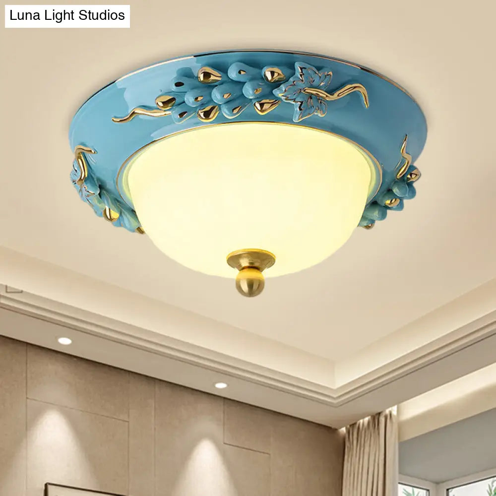 12/14 Blue Led Ceiling Flush Mount With Antiqued Opal Glass Floral Design Warm/White Light / 14 Warm