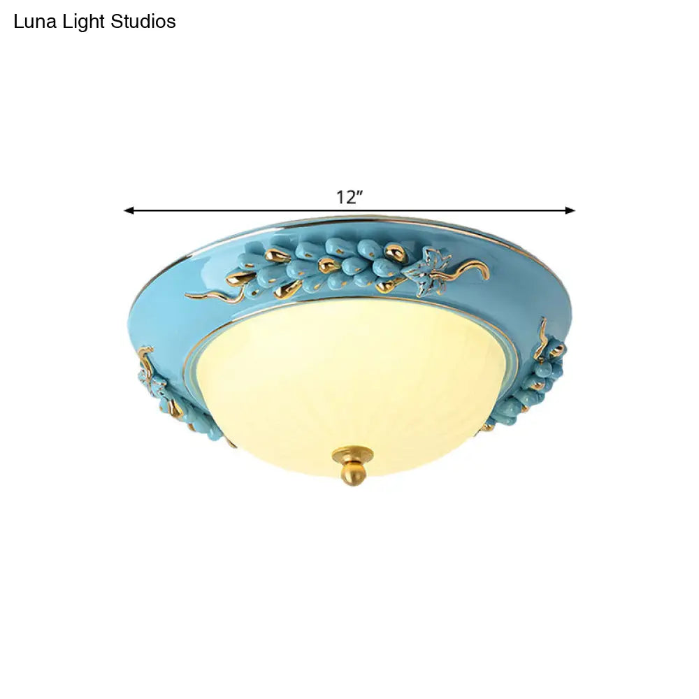 12/14 Blue Led Ceiling Flush Mount With Antiqued Opal Glass Floral Design Warm/White Light