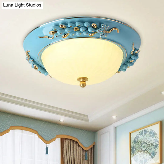 12’/14’ Blue Led Ceiling Flush Mount With Antiqued Opal Glass Floral Design Warm/White Light