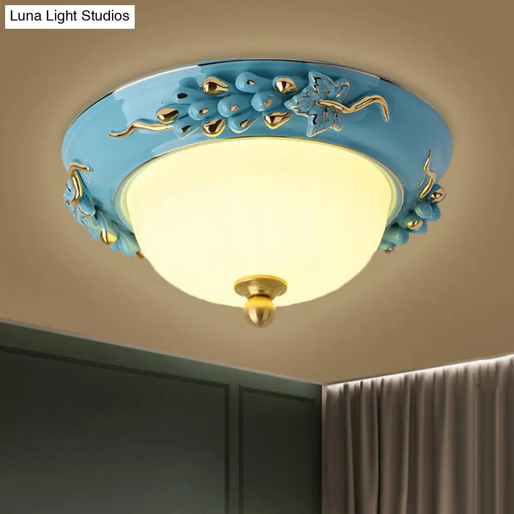 12/14 Blue Led Ceiling Flush Mount With Antiqued Opal Glass Floral Design Warm/White Light