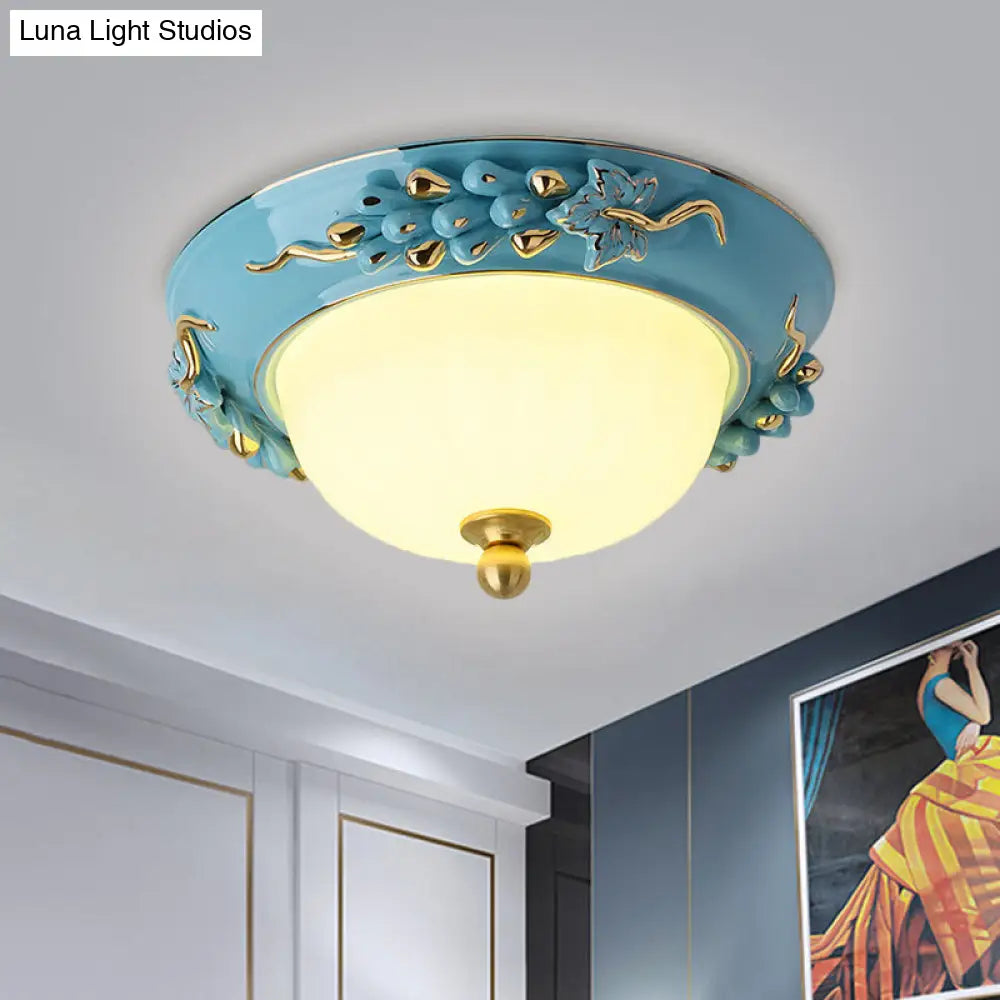 12’/14’ Blue Led Ceiling Flush Mount With Antiqued Opal Glass Floral Design Warm/White Light