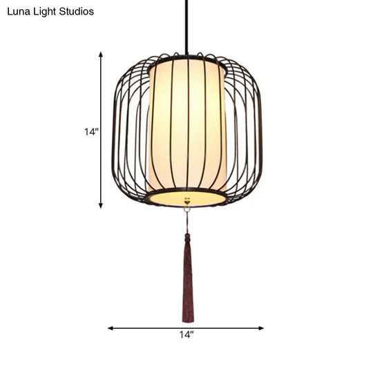 12/14 Wide Fabric Lantern Pendant Lamp In White - Classic Living Room Hanging Light Kit