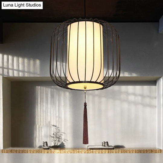 12/14 Wide Fabric Lantern Pendant Lamp In White - Classic Living Room Hanging Light Kit