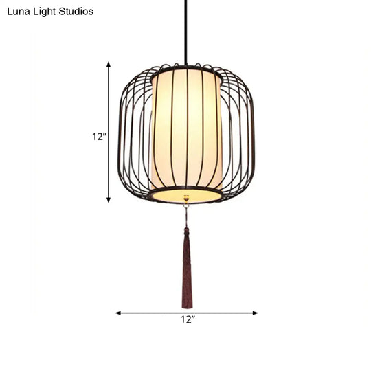 12/14 Wide Fabric Lantern Pendant Lamp In White - Classic Living Room Hanging Light Kit