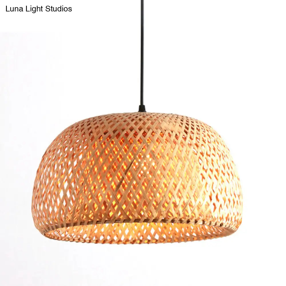 Wide Domed Shaped Pendant Bamboo Lamp: 1 Light Living Room Hanging Fixture In Beige - 12/15/18 Width