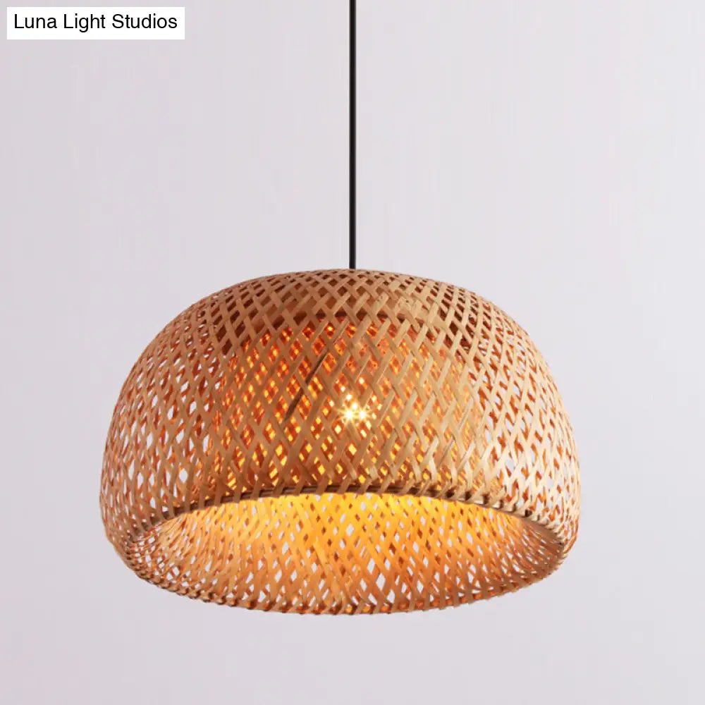 Wide Domed Shaped Pendant Bamboo Lamp: 1 Light Living Room Hanging Fixture In Beige - 12/15/18 Width