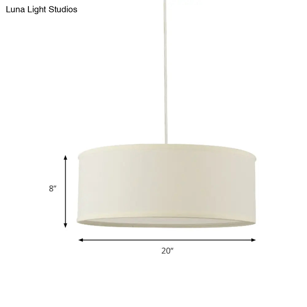 12’/16’/19.5’ Dia Cylinder Suspension Pendant - Contemporary White Led Fabric Hanging Lamp