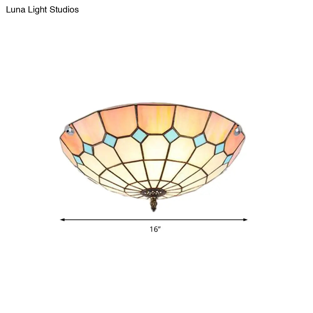 12’/16’/19.5’ Wide Pink Tiffany Ceiling Light With Grid Glass Bowl Shade - Perfect For Living