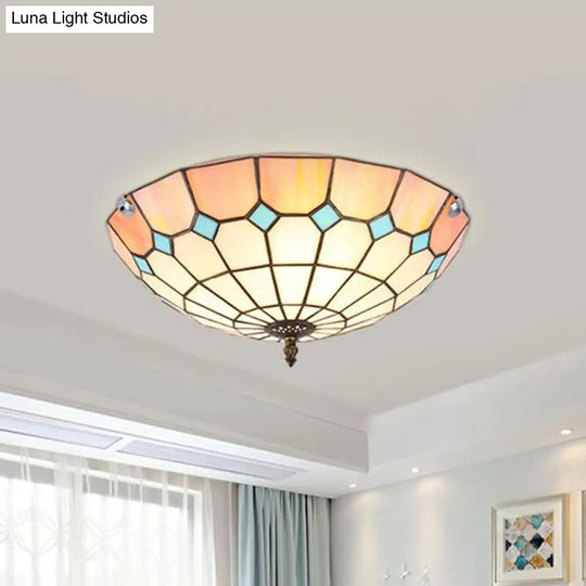 12/16/19.5 Wide Pink Tiffany Ceiling Light With Grid Glass Bowl Shade - Perfect For Living Room Or