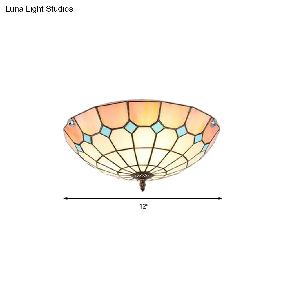 12’/16’/19.5’ Wide Pink Tiffany Ceiling Light With Grid Glass Bowl Shade - Perfect For Living