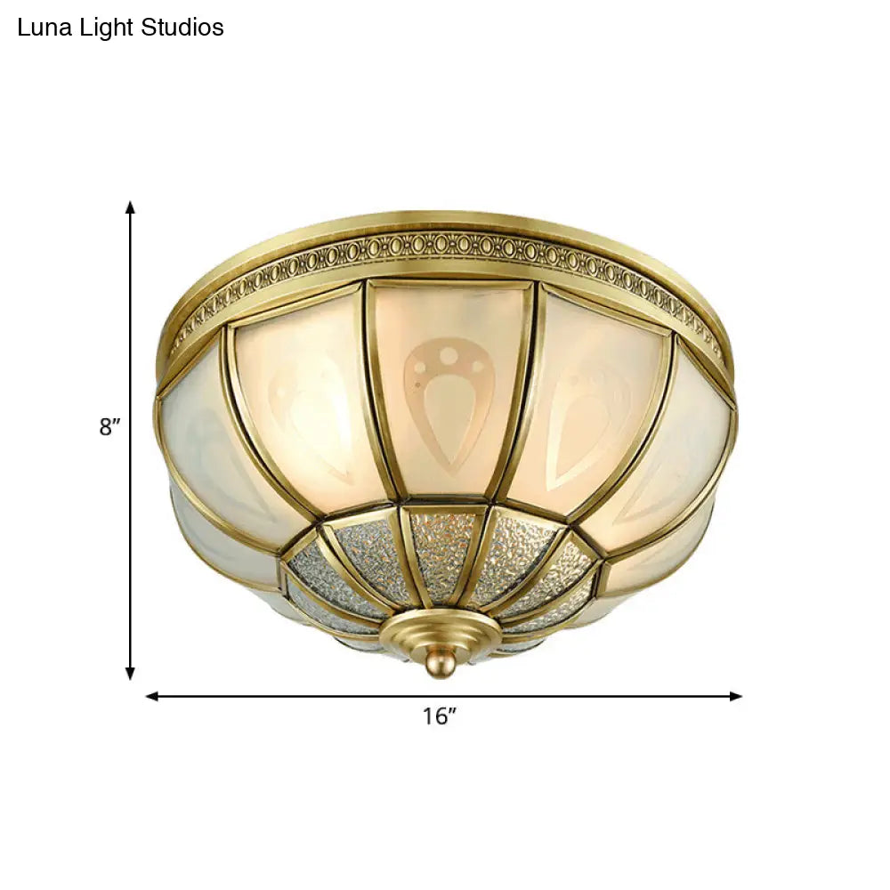 12’/16’ Dome Flush Mount Light With Colonial Opal Frosted Glass Brass Finish 2/3 Bulbs -