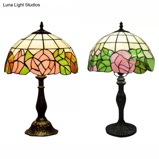 12/16 Pink Rose Tiffany Stained Glass Table Light With 1 In Bronze/Black