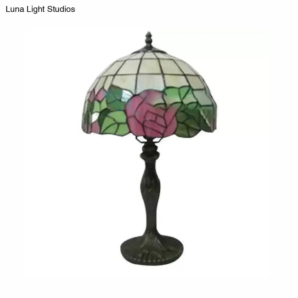 12/16 Pink Rose Tiffany Stained Glass Table Light With 1 In Bronze/Black