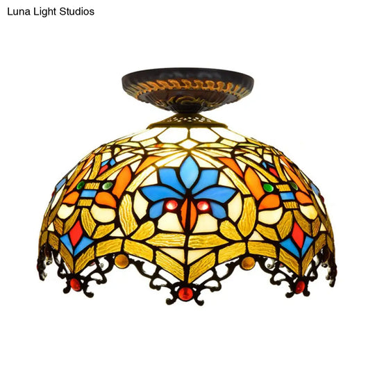 12’/16’ W Baroque Scalloped Flush Mount Ceiling Lamp - Handcrafted Stained Glass 1 Bulb Black