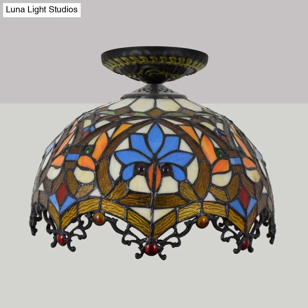 12/16 W Baroque Scalloped Flush Mount Ceiling Lamp - Handcrafted Stained Glass 1 Bulb Black