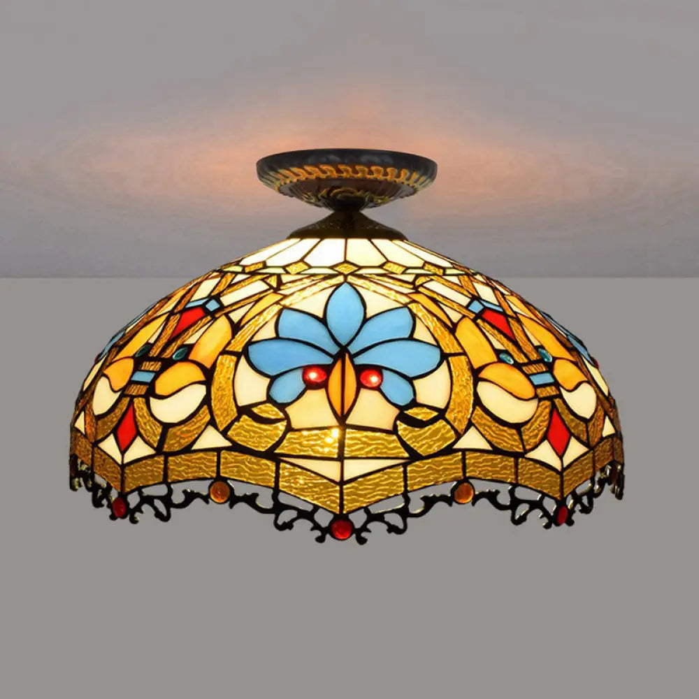 12’/16’ W Baroque Scalloped Flush Mount Ceiling Lamp - Handcrafted Stained Glass 1 Bulb Black / 16’