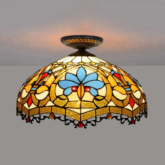 12’/16’ W Baroque Scalloped Flush Mount Ceiling Lamp - Handcrafted Stained Glass 1 Bulb Black / 16’