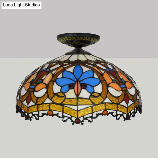 12/16 W Baroque Scalloped Flush Mount Ceiling Lamp - Handcrafted Stained Glass 1 Bulb Black