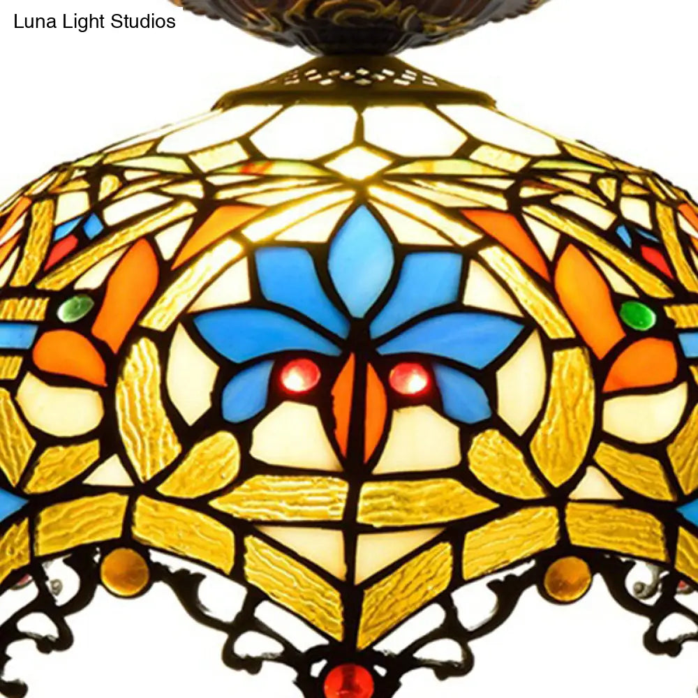 12/16 W Baroque Scalloped Flush Mount Ceiling Lamp - Handcrafted Stained Glass 1 Bulb Black